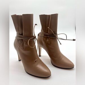Gucci Indya Tie Ankle Boots Leather High Heel Pleated Bootie in Mud EU 37 US 7